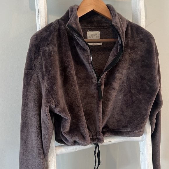 Urban outfitters cropped drawstring fleece teddy quarter zip brown pullover xs - Picture 5 of 6